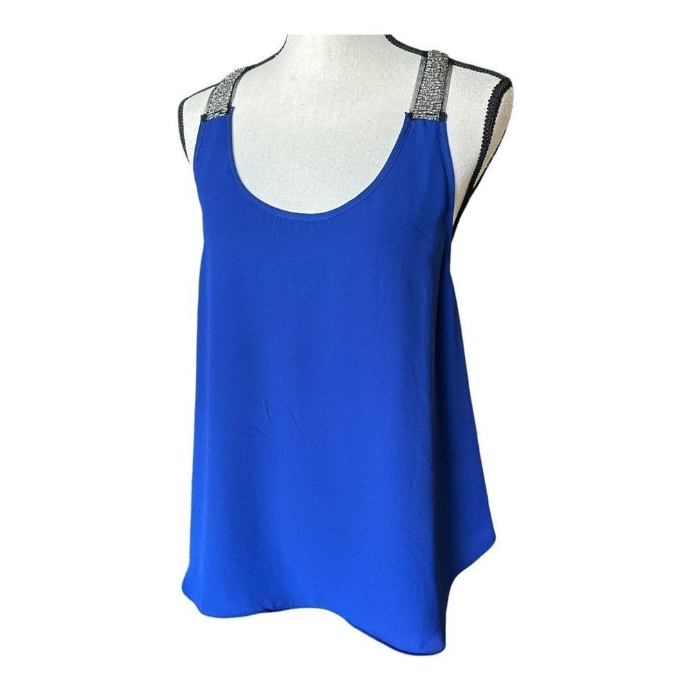Alythea Womens Tank Top Beaded Blue Silver Racerback Solid Pullover Scoop Neck S
